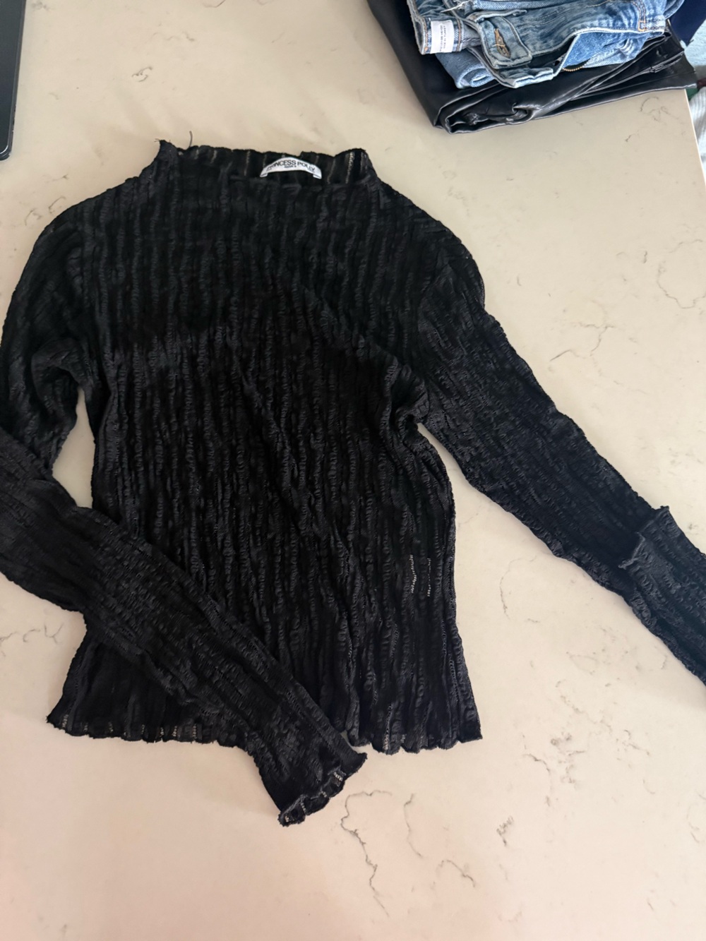Princess Polly Black Crinkle Long Sleeve Top